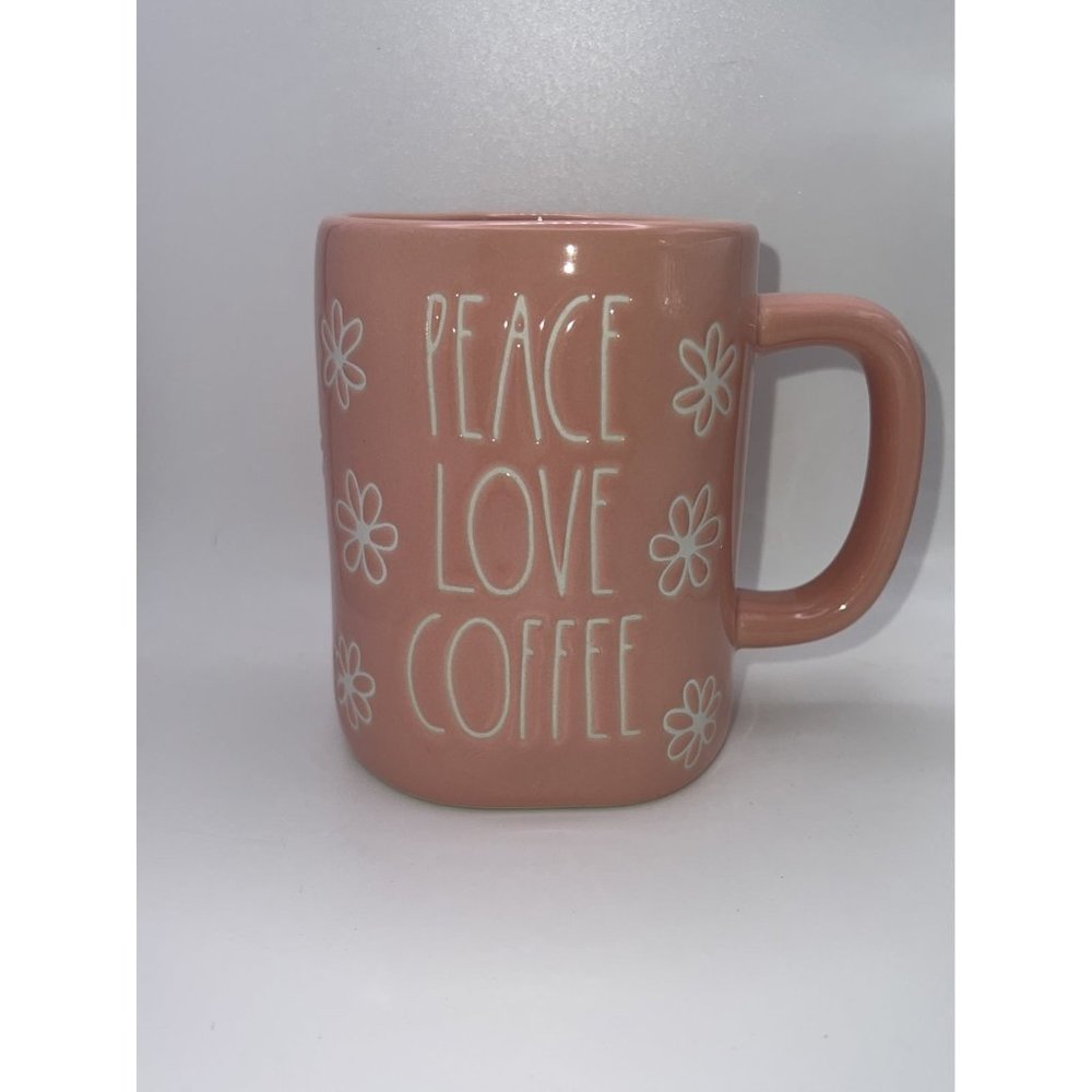 BRAND NEW 2023 Rae Dunn Pink Mug with LL PEACE, LOVE, COFFEE w/White Daisies
